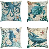 Sonstiges Housses de coussin en lin, motif animaux marins, ensemble de 4, 40x40 cm