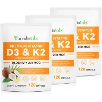 P-Beauty Vitamine D3 K2, 10 000 UI, 200 mcg MK7, dosage élevé. Pour le système immunitaire et les os. 3 flacons de 120 gélules molles