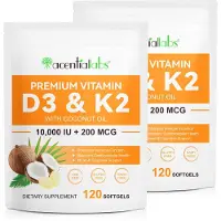 P-Beauty Vitamine D3 K2 10 000 UI, 200 mcg MK7, dosage élevé. Pour le système immunitaire et les os. 2 flacons de 120 gélules molles