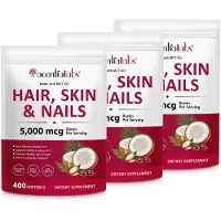 P-Beauty Biotine 5000 mcg, dosage élevé. Pour la peau, les cheveux et les ongles. Complément alimentaire pour la santé des cheveux. Vitamine. 3 flacons de 400 gélules souples