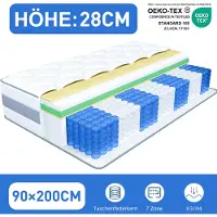 HOMAVO Matelas 90x200 cm, 28 cm d'épaisseur, avec topper intégré. Matelas à ressorts ensachés, 7 zones de confort, fermeté H3/H4