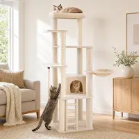 Costway , arbre à chat de 194 cm, avec des poteaux en sisal pour faire ses griffes, une plateforme, une maison pour chat, une échelle et un lit en peluche. Arbre à chat multi-étages, meuble pour chat