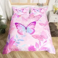 Benza Ensemble de literie "Rosa Schmetterlings" avec motif floral, 100% microfibre de polyester lavée, fermeture éclair dissimulée, 4 attaches d'angle, idéal pour les filles et les adolescentes