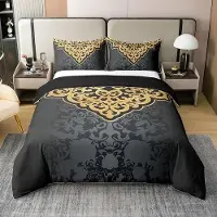 Benza Ibenzoa : Parure de lit en coton 220x240 cm, 100% coton – motif baroque élégant noir et or, 2 taies d'oreiller de 65x65 cm, fermeture éclair invisible, coins renforcés