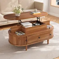 Merax Table basse avec plateau relevable, table hydraulique, table de salon avec espace de rangement dissimulé, un tiroir, 2 portes coulissantes, 2 étagères, en noyer