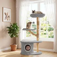Costway , arbre à chat de 105 cm avec cachette, arbre à chat avec base en bois, coussin en peluche, plateformes, jouet à balle et poteaux en sisal, tour pour chats, arbre à chat