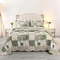 Merkloos Omgoods - Couverture de lit patchwork floral vert, taille King, 230 x 260 cm, avec 2 taies d'oreiller