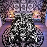 Merkloos Omgoods - Couverture de lit avec motif damassé noir et blanc