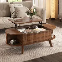 Merax Table basse , réglable en hauteur, avec 2 portes coulissantes, espace de rangement dissimulé, table ovale pour canapé, table d'appoint avec façade rainurée, idéale pour le salon, en noyer