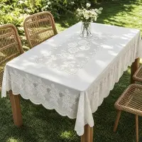 Merkloos Nappe ronde pour table de jardin, blanche, avec dentelle, pour une utilisation extérieure, en PVC résistant aux intempéries