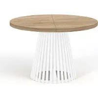 Dekori.Interiors Table de salle à manger ronde pliante, DOVER - style industriel/loft avec pieds à lattes, diamètre : 120 / 220 cm, couleur : chêne sonoma / blanc
