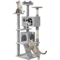 Yaheetech , arbre à chat de 158 cm, grand et stable, avec 2 cachettes, couleur gris clair