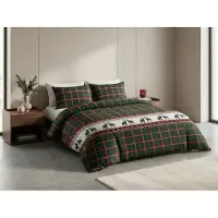 TEXTILOMANIE Couverture et taies d'oreiller en flanelle, motif renne, couleur verte, dimensions : 70x90 cm + 140x200 cm