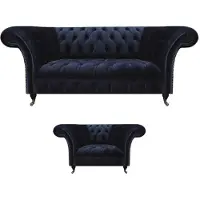 AEA Dunkelblaue Chesterfield Wohnzimmer Garnitur Lehnsessel 3-Sitzer 2tlg