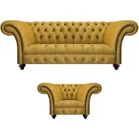AEA Luxuriöse Chesterfield Gelbe Couch Textil Sessel Moderner 3-Sitzer 2tlg