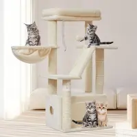 Merkloos Arbre à chat Katzenbaum, 98 cm de hauteur, avec 4 poteaux à gratter, une plateforme, une cachette, un panier, des boules en peluche, de couleur beige, pour chats