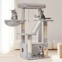 Merkloos Arbre à chat de 98 cm, avec 4 poteaux, 1 plateforme, des cachettes, un panier, des boules en peluche, de couleur gris clair, pour chats
