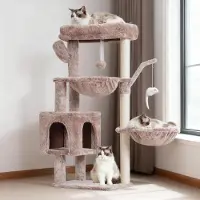 Merkloos Arbre à chat de 100 cm, avec 2 hamacs, une cachette, et des jouets, de couleur beige-brun, idéal pour les chats joueurs