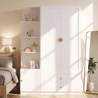 Flieks Armoire avec étagères et portes, portant-manteau avec poignées en bois massif, meuble haut avec tiroirs, dimensions 135 x 45 x 200 cm, blanc, bois et acier
