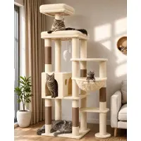 Merkloos Arbre à gratter Kratzbaum, couleur beige, taille XL, grand, hauteur 167 cm, grande plateforme, perche rembourrée, maison pour chat, panier, jouet en peluche, stable