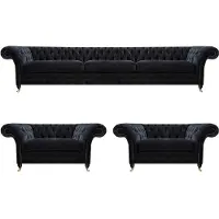 AEA Edle Schwarze Chesterfield Wohnzimmer Sitzgarnitur Dreisitzer Sessel