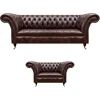 AEA Luxuriöses Braunes Chesterfield Lederset Designer 3-Sitzer Sessel 2tlg
