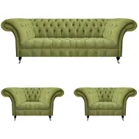 AEA Stilvolle Grüne Chesterfield Garnitur Edler 3-Sitzer 2x Textilsessel 3tlg