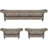AEA Graue Polster Chesterfield Garnitur Textilsofa 3-Sitzer 2 Einsitzer 3tlg
