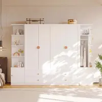 Flieks Armoire avec étagères et portes, portant-manteaux avec poignées en bois massif, meuble haut avec tiroirs, dimensions : 270 x 45 x 200 cm, couleur : blanc, matériaux : bois et acier