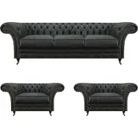 AEA Luxus Schwarz Wohnzimmer Set 3tlg Chesterfield 2x Sessel Dreisitzer Sofa