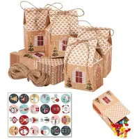 OEM Calendrier de l'Avent à remplir - 24 boîtes en forme de maison - Kit de bricolage pour bonbons et petits objets - 10,5 x 7 x 5 cm - Marron - avec corde en jute et autocollants numérotés