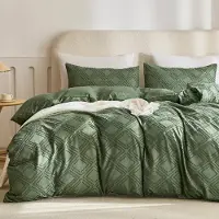 OEM Ensemble de housses de couette - Motif jacquard texturé avec un motif géométrique en losanges - Chambre à coucher - Vert, taille queen, microfibre avec coins renforcés et fermeture à glissière