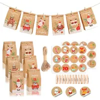 OEM Calendrier de l'Avent à remplir - Ensemble comprenant 24 sachets en papier, 24 pinces en bois, 24 autocollants numérotés et une corde en jute - Calendrier de l'Avent à décorer et à personnaliser