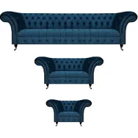 AEA Sofagarnitur Blau Luxus Komplett 3tlg Sitzmöbel Chesterfield Polster Sitz