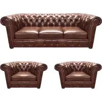 AEA Braun Luxus Sofa Set 3tlg Wohnzimmer Polstermöbel Leder Sitz Chesterfield