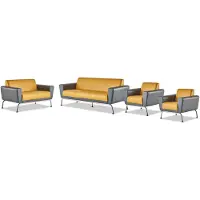 AEA Sofa-Set 3-Sitzer 2-Sitzer Sessel Gelb Grau Edelstahl Leder Holz Modern