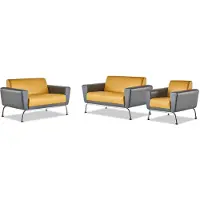 AEA Sitzmöbel-Set Leder Ledersofas 2-Sitzer Sessel Gelb Grau Edelstahl Holz
