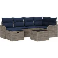vidaXL Ensemble de canapé de jardin , 7 pièces, gris et bleu marine, en polyrotin