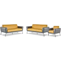 AEA Ledersofa Leder Edelstahl Modern Gelb Grau 3-Sitzer Sessel Sofa-Set