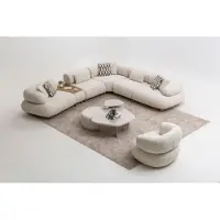 AEA Beige Moderne Couchgarnitur Textilsofa Holz Couchtisch Hocker 5tlg
