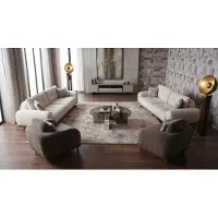 AEA Modernes Weißes Sofa Set 2x 3-Sitzer mit 2 Sesseln Stoffbezug Holz