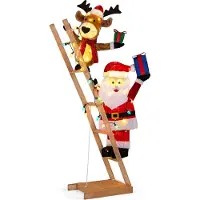 Costway Renne & Père Noël illuminés sur échelle, figurine de Noël de 166 cm avec 100 lumières LED, décoration de Noël XXL, décoration de Noël