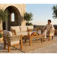 AEA Gartenlounge Set 3-Sitzer sofa Sessel Beige Kissen Couchtisch Holz