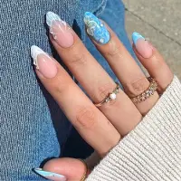 Markenlos Ongles en acrylique pour l'été, ornés de fleurs et de motifs en relief 3D, 24 pièces, taille moyenne, bleu clair et effet brillant
