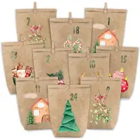 OEM Calendrier de l'Avent à remplir - 24 sachets en papier kraft avec motifs aquarelle - À remplir soi-même - Lot de 24