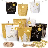 Markenlos Calendrier de l'Avent à remplir - 24 sachets en papier avec des autocollants numérotés et des clips en bois - Kit de bricolage pour calendrier de l'Avent