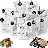 OEM Calendrier de l'Avent à remplir - 24 sachets en papier avec 12 motifs différents - Kit de bricolage comprenant des autocollants avec des chiffres, des pinces en bois et du fil