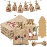 OEM Calendrier de l'Avent en sacs en jute - 24 pièces avec des décorations en forme d'arbres - Pour la décoration - 10 x 15 cm