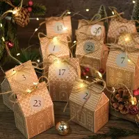 OEM Calendrier de l'Avent à remplir - 24 mini-maisons en pain d'épices à construire soi-même, en carton - Inclus des autocollants et du cordeau en jute