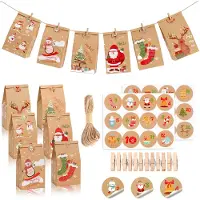 OEM Sacs pour calendrier de l'Avent à remplir - 24 sacs en papier avec 6 motifs différents - Ensemble comprenant des pinces en bois, du cordeau de jute et des autocollants numérotés